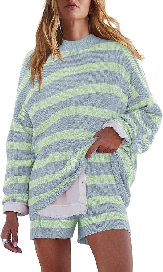 LAMISSCHE Womens Oversized Lounge Sets 2 Piece Outfits Striped Matching Pajama Set Long Sleeve Sw... | Amazon (US)