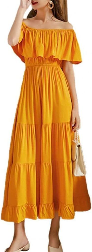 LEIGE Women Dress Solid Color Short Sleeve Ruffle Off Shoulder Backless Dress Women Summer Elegan... | Amazon (US)
