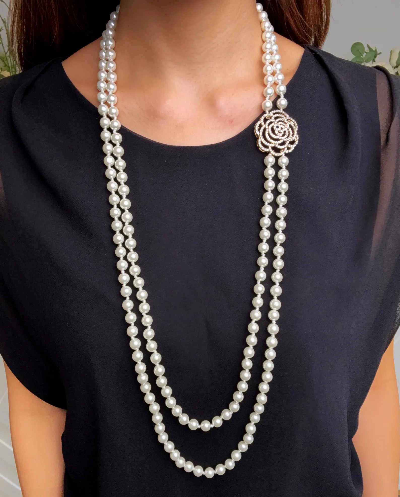 Double Strand Long Pearl Necklace - Rhinestone Camellia Flower Pendant Charm - Etsy | Etsy (US)