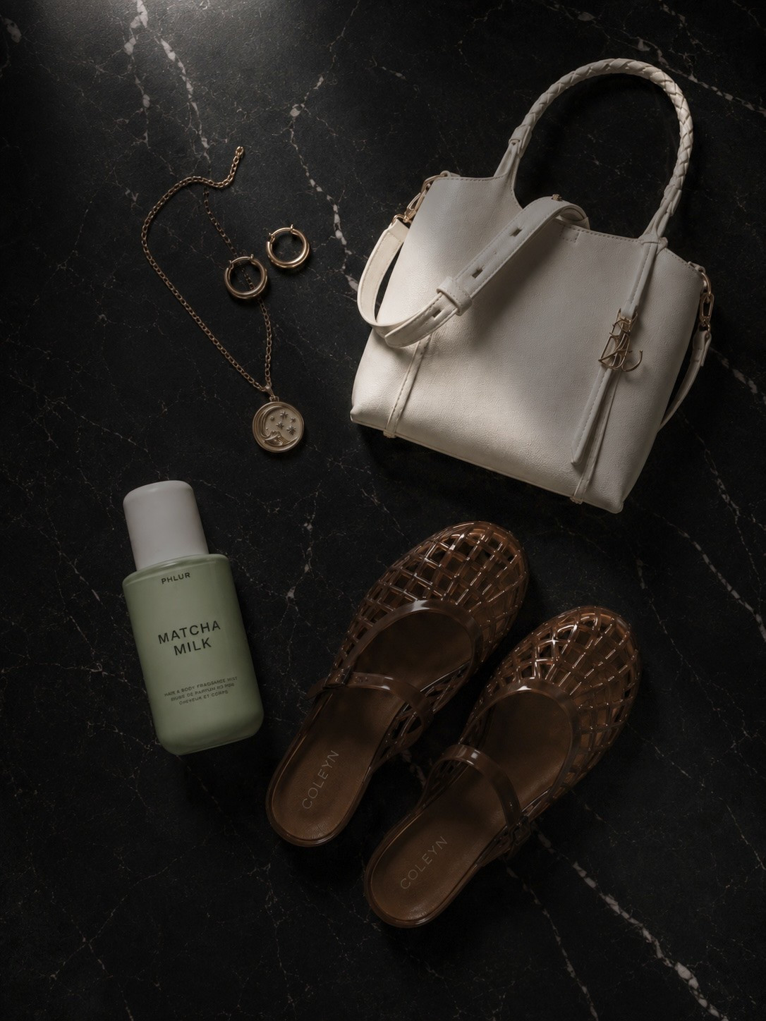 Summer accessories, summer perfume, gold jewelry, leather purse, jelly shoes