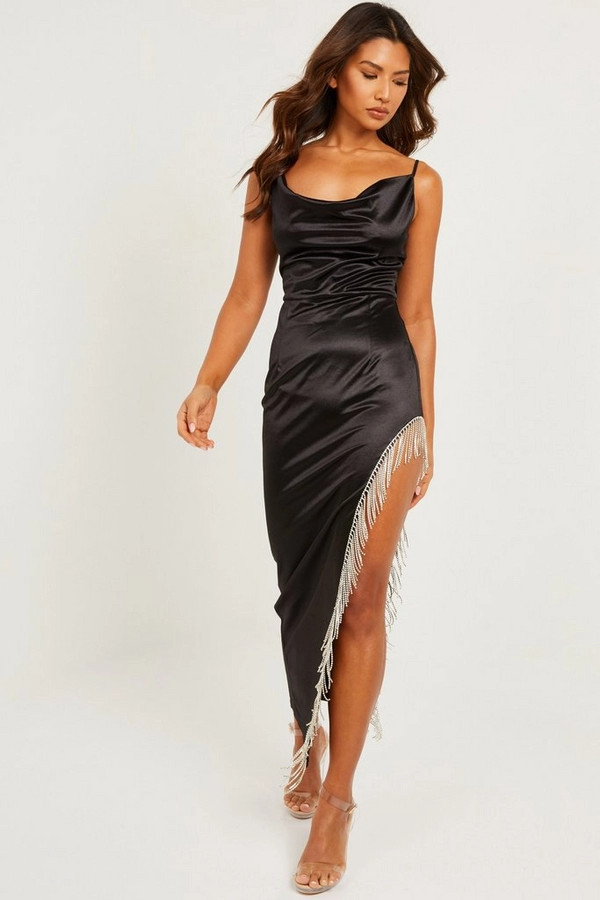 Black Satin Diamante Split Maxi Dress | Quiz Clothing (UK)