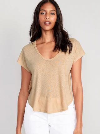 Linen-Blend Cropped Voop-Neck T-Shirt for Women | Old Navy (US)