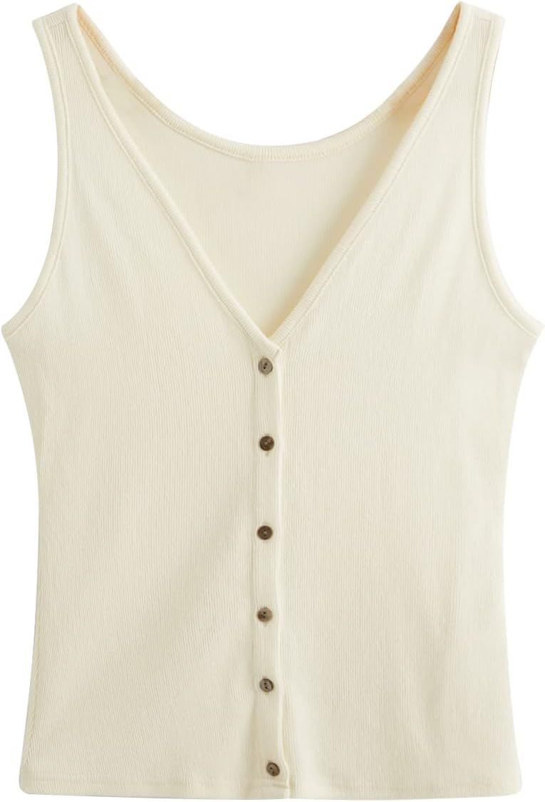 SweatyRocks Women's Sleeveless Button Front V Neck Racerback Ribbed Knit Slim fit Solid Tank Top | Amazon (US)