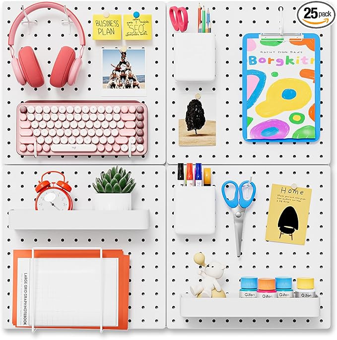 FZK Peg Board,25pcs PegBoard Wall Organizer,Includes 4 White Pegboard and Accessories,Plastic Peg... | Amazon (US)