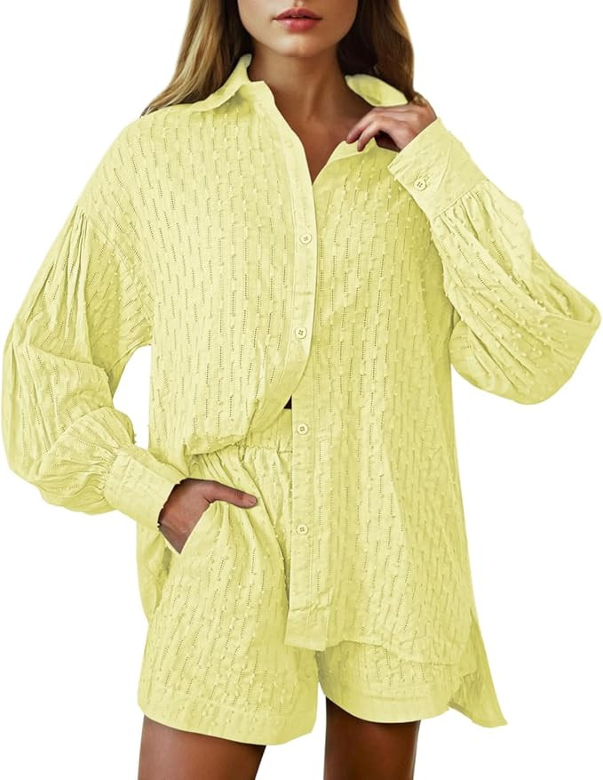 Women's 2 Piece Outfits Oversized Long Puff Sleeve Blouse Shirt High Waisted Side Pocket Shorts S... | Amazon (US)