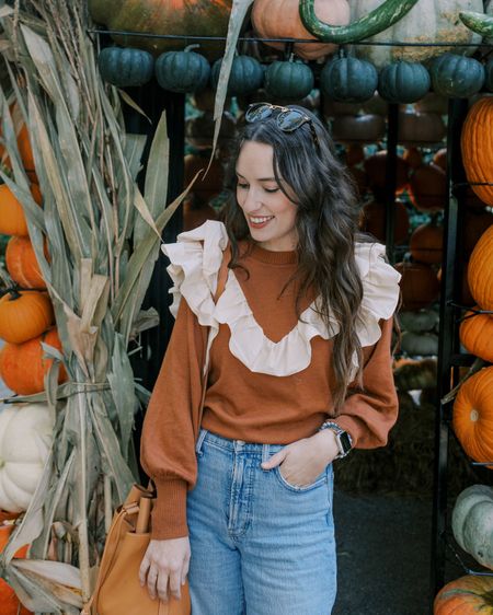 Fall ruffled sweater, thanksgiving outfit, orange and brown sweater, Crosby by Mollie Burch 

#LTKstyletip #LTKHalloween #LTKSeasonal