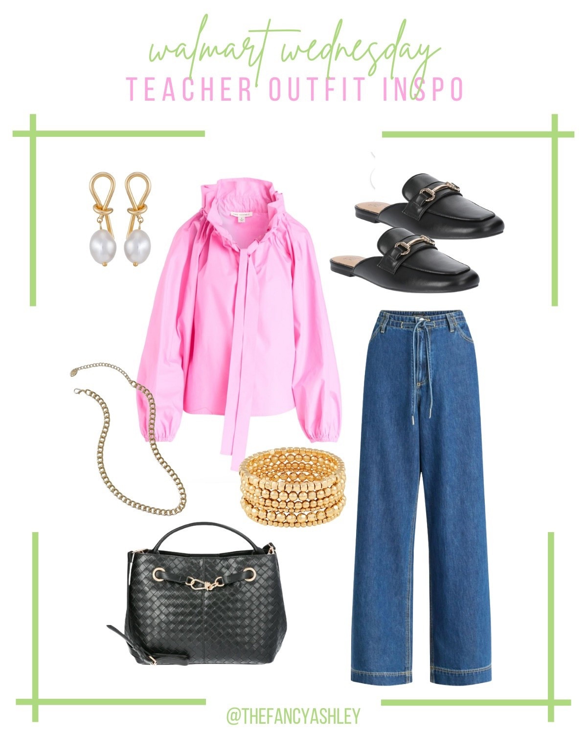 How fab is this teacher look?! Obsessed with the pink ruffle neck top and wide leg denim from Walmart—perfection for the classroom or a lunch date. Add classic black mules, a cute bag, and a dash of accessories, and you’re classroom-ready. All under $30. Run, don’t walk!

#LTKStyleTip #LTKFindsUnder50 #LTKFindsUnder100