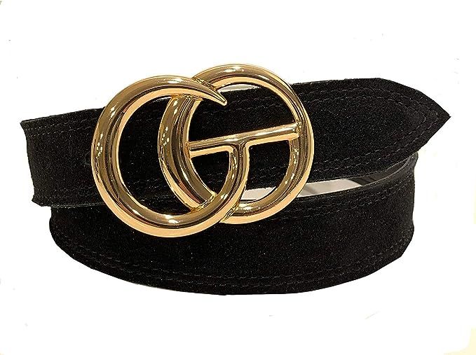 Designer Inspired Black GO Belt - Leather and Suede Belt with Shiny Gold Buckle, Made in America | Amazon (US)