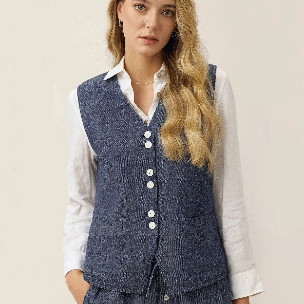 100% Linen Reversible Denim Texture Button Front Vest HARPER | LINTICO