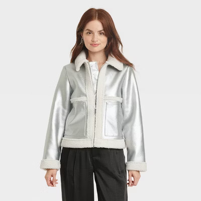 Women's Metallic Shearling Moto Jacket - A New Day™ | Target