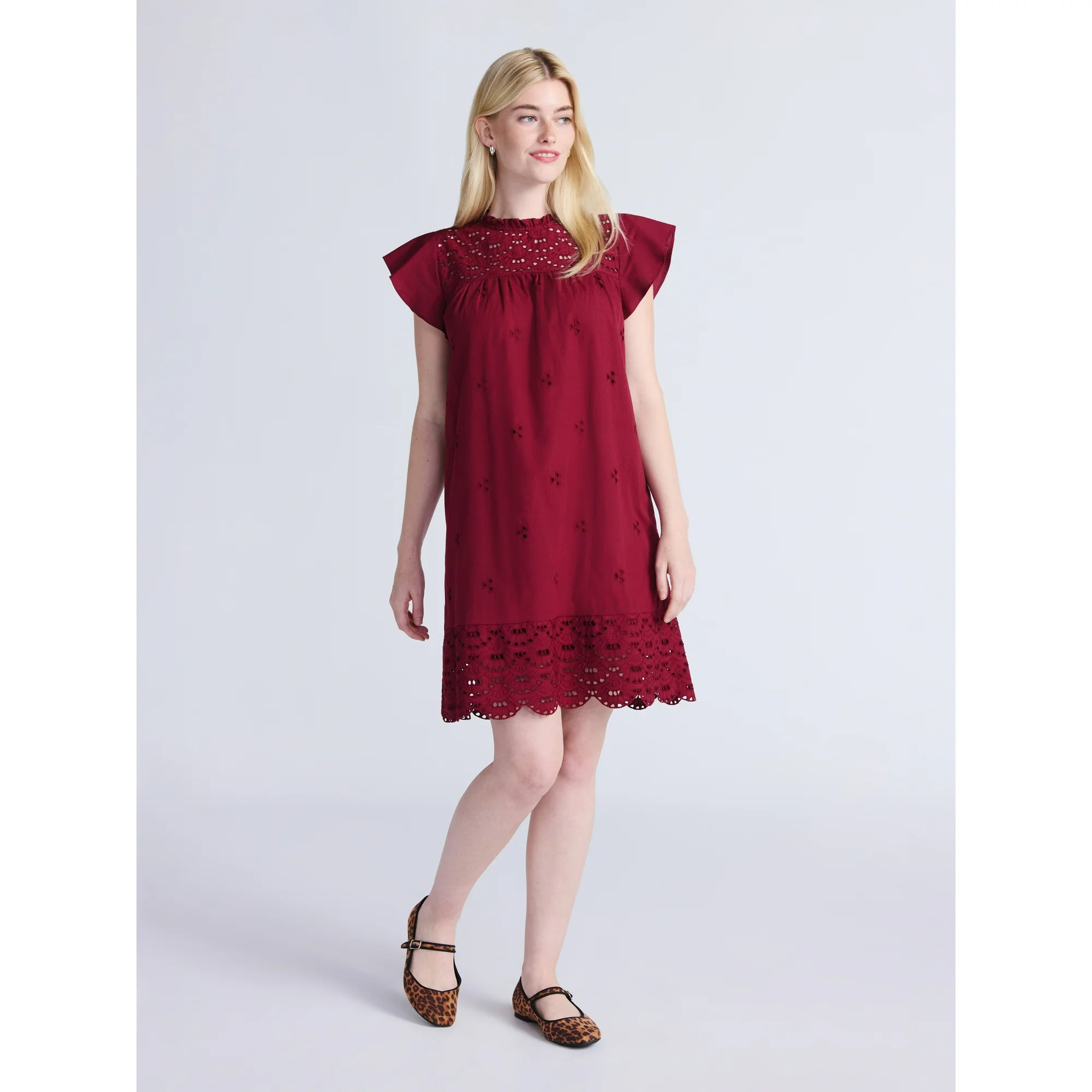 Time and Tru Women's Eyelet Mini Dress with Flutter Sleeves, Sizes XS-XXXL - Walmart.com | Walmart (US)
