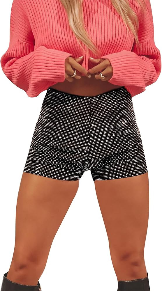 Sunloudy Women Glitter Sparkle Shorts High Waist Elastic Waist Straight Leg Hot Shorts Party Bike... | Amazon (US)