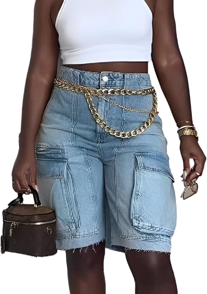 Cargo Denim Shorts for Women Summer Casual Distressed Washed Bermuda Jeans Shorts | Amazon (US)