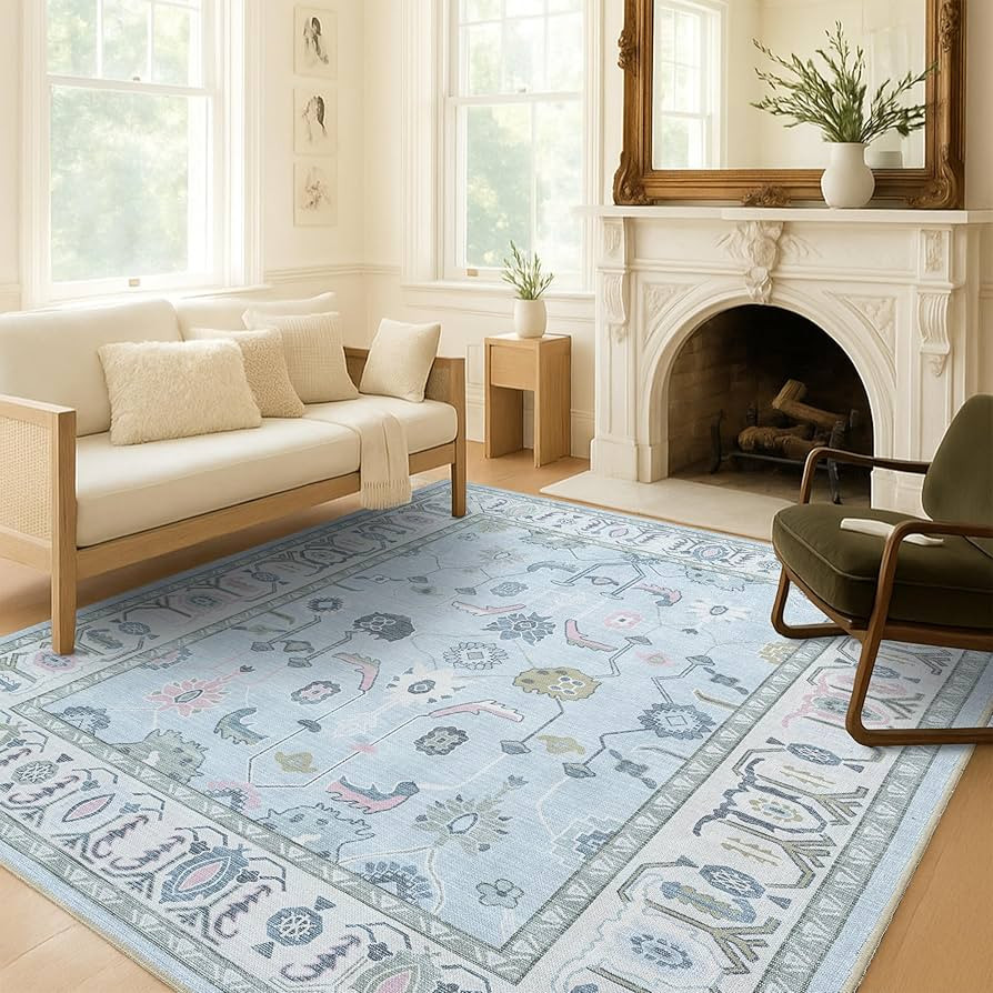 Fame Living Cream Blue Oushak Rug, Modern, Vintage, Turkish, Eclectic, Floral, Pastel, Washable, ... | Amazon (US)