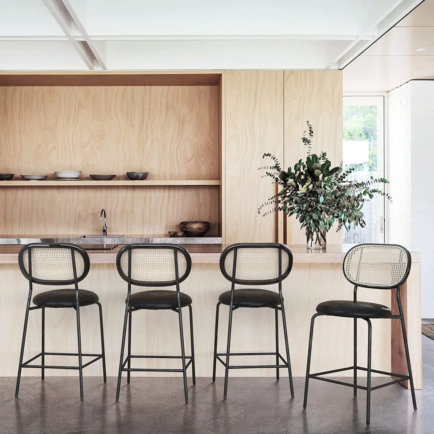 Dycanpo 24" Rattan Bar Stools Set of 4, Round Faux Leather Furniture for Home Kitchen, Black | Walmart (US)