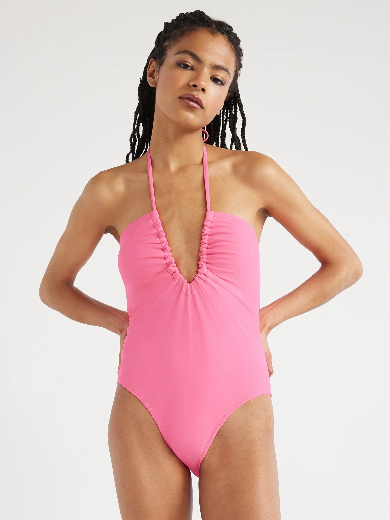 No Boundaries Juniors? Ruched V-Neck One-Piece Swimsuit, Sizes XS-XL | Walmart (US)