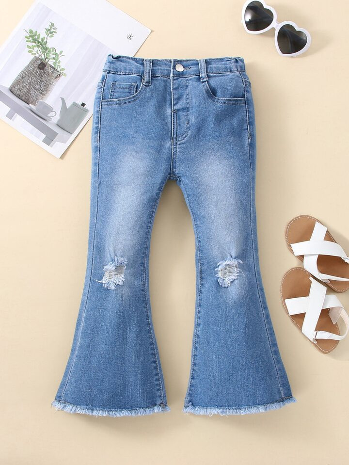 Toddler Girls Ripped Raw Hem Flare Leg Jeans | SHEIN