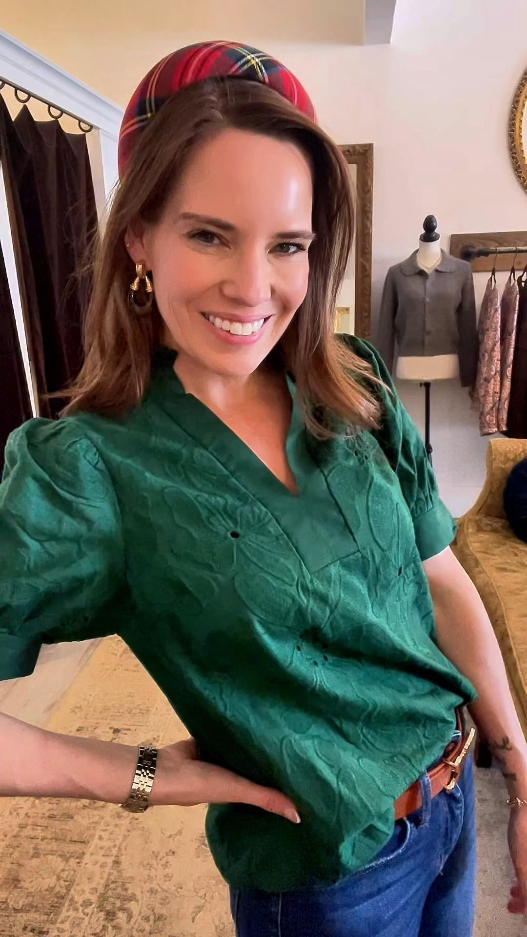 Green Embroidered Top + Cropped Flare Denim Holiday Outfit 💚🎄

This look is such an easy win for the holiday season and beyond. The green embroidered top is beautifully detailed with subtle texture and puff sleeves that give it a polished but relaxed feel. It’s one of those pieces that looks styled without trying—perfect tucked or worn loose. I paired it with mid-rise cropped flare jeans for a flattering everyday fit and added leopard slingback flats for a fun pop of pattern 🐆✨

Finished the look with a festive plaid padded headband, gold statement earrings, and a classic two-tone watch to pull it all together. This outfit works so well for holiday errands, casual parties, or even a dressy everyday moment when you want to feel put-together but comfortable 🎀💫

Green embroidered blouse, holiday outfit idea, cropped flare jeans, leopard flats outfit, festive headband, casual holiday style, everyday chic outfit, women’s boutique top, fall winter outfit inspiration

#LTKSaleAlert #LTKHoliday #LTKFindsUnder50

#LTKFindsUnder100 #LTKHoliday #LTKFindsUnder50