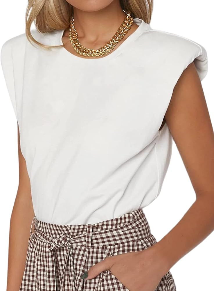 SOFIA'S CHOICE Women's Casual Shoulder Pad Tops Loose Round Neck Sleeveless Tank Top Shirt | Amazon (US)