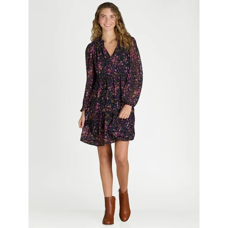 Time and Tru Women's Ruffle Neck Mini Dress with Long-Sleeves, Sizes XS-XXXL | Walmart (US)