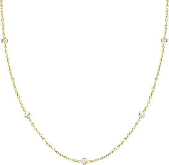 PAVOI 14K Gold Plated Station Necklace - Simulated Diamond Layering Necklaces - Womens CZ Chain | Amazon (US)