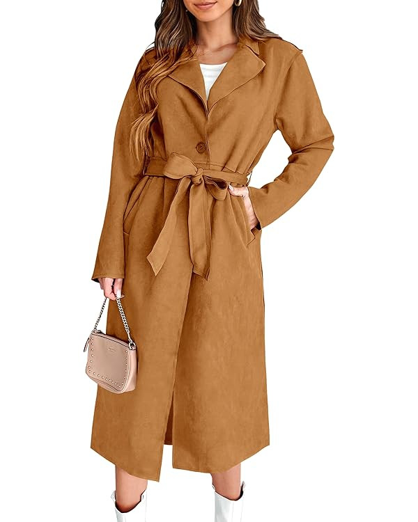 PRETTYGARDEN Women's 2023 Fall Fashion Overcoat Faux Suede Shacket Jacket Lapel Belted Long Trenc... | Amazon (US)