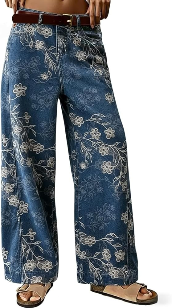 chouyatou Women's Casual Floral Printed Jeans Baggy Y2K Wide Leg Jeans Boyfriend Denim Ankle Pant... | Amazon (US)