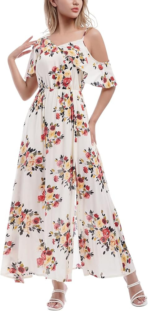 Womens Boho Floral Off The Shoulder Maxi Dress Flowy Smocked Slit Summer Beach Dresses | Amazon (US)