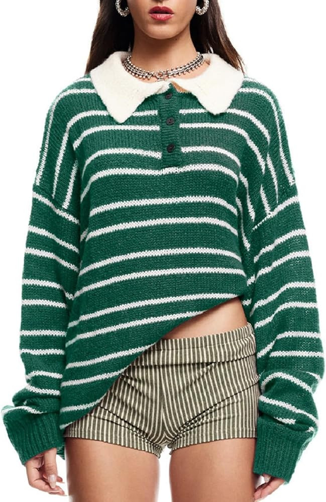 Women Y2k Rugby Polo Shirt Striped Knit Sweater Long Sleeve Collared V Neck Sweatshirt Oversized ... | Amazon (US)