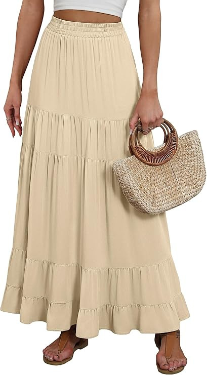 ANRABESS Womens Maxi Skirt Elastic High Waist Swing Tiered A-line Flowy Pleated Boho Beach Vacati... | Amazon (US)