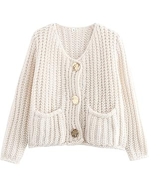 Arssm Womens Cropped Cardigan Sweaters Chunky Open Front Button Down Knit Sweater Long Sleeve Loo... | Amazon (US)