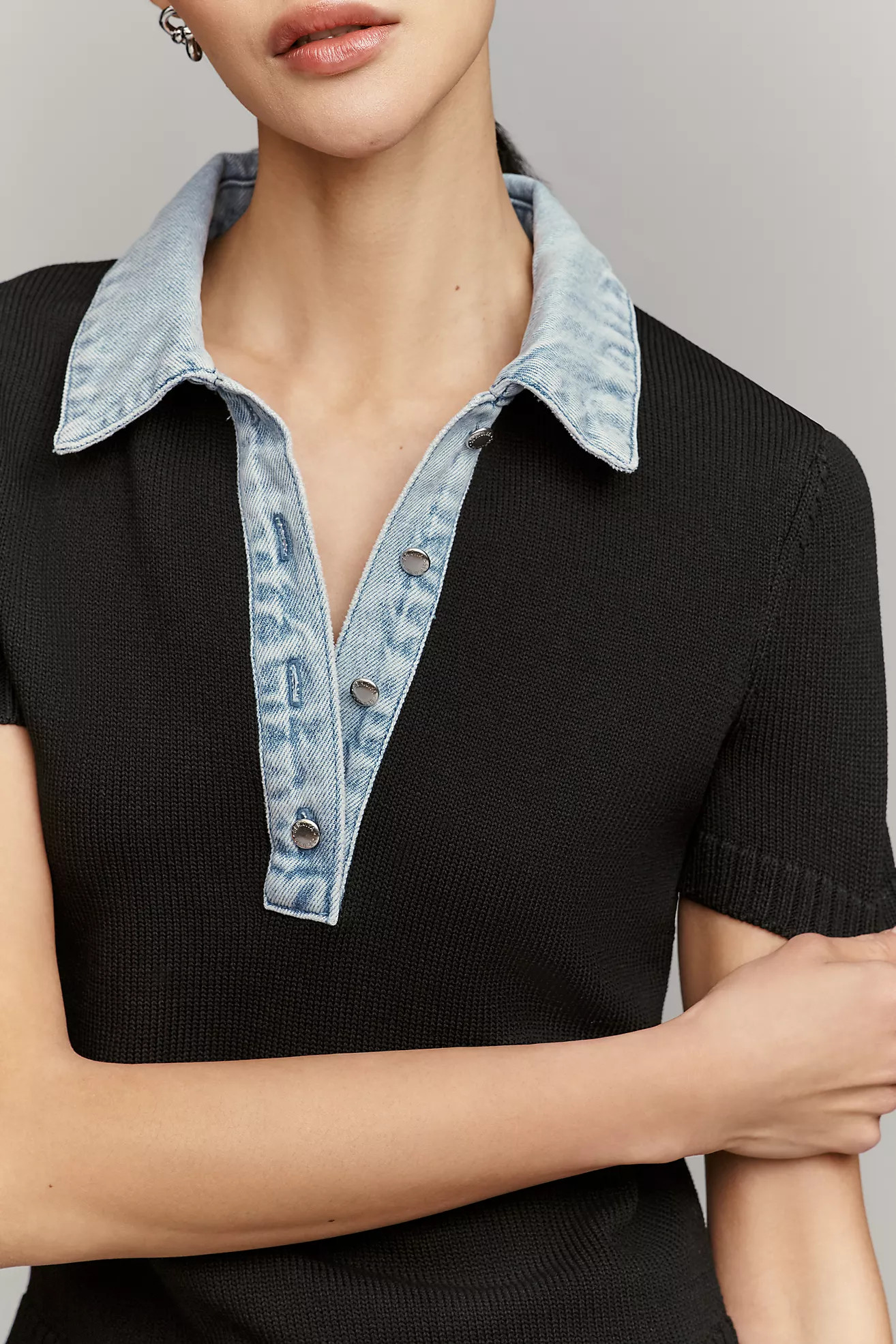 SER.O.YA Denim-Collar Short-Sleeve Sweater | Anthropologie (US)