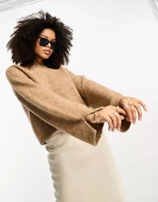 ASOS DESIGN crew neck sweater with wide cuff and split in alpaca wool blend in camel | ASOS (Global)