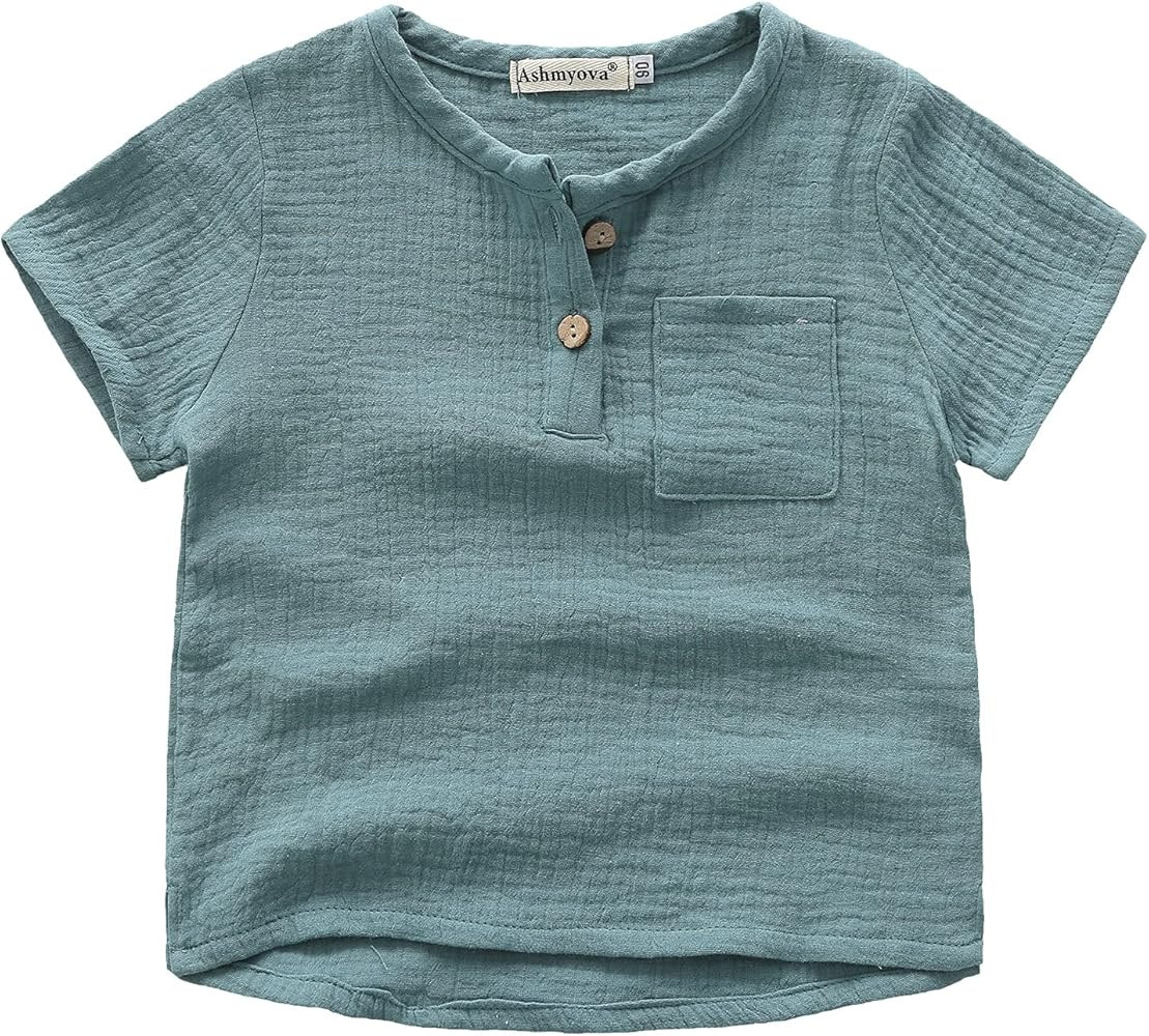 Ashmyova Boys Cotton Linen Shirt Toddler Boys Pocket Button Short Sleeve T Shirt Tees Tops | Amazon (US)