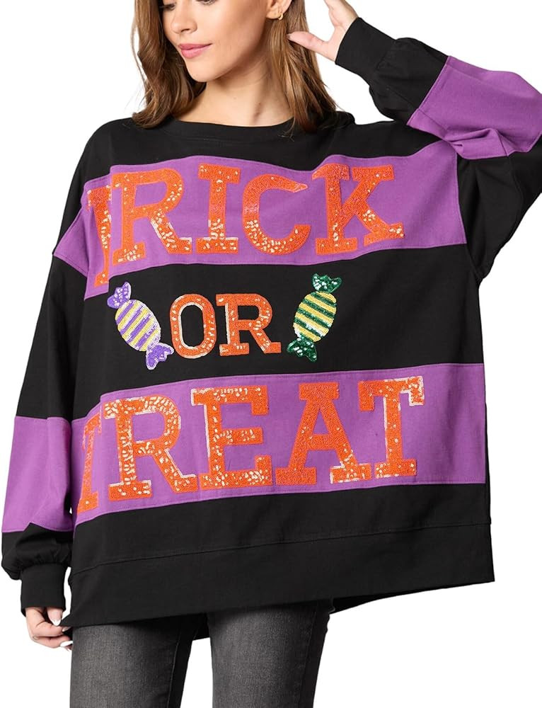 utcoco Oversized Sweatshirt for Women Halloween Letter Sequin Long Sleeve Shirts Color Block Hood... | Amazon (US)