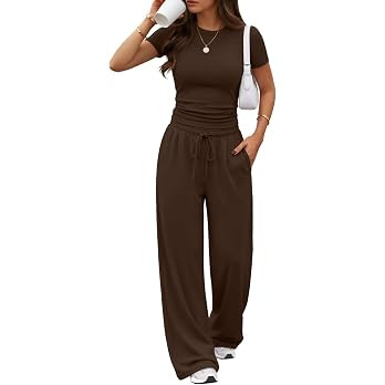 Trendy Queen 2 Piece Matching Summer Lounge Set Womens Side Ruching Top Wide Leg Pants Sets with ... | Amazon (US)