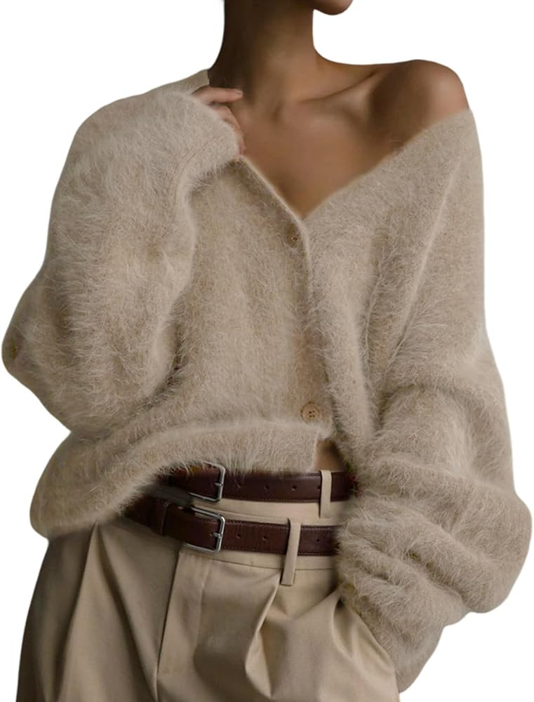 Yimoon Womens Fuzzy Cardigan Sweater V Neck Long Sleeve Button Down Slouchy Furry Knit Sweaters 2... | Amazon (US)