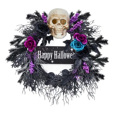 22" Halloween Wreath for Front Door, Halloween Skull Wreath with Lights | Wayfair North America