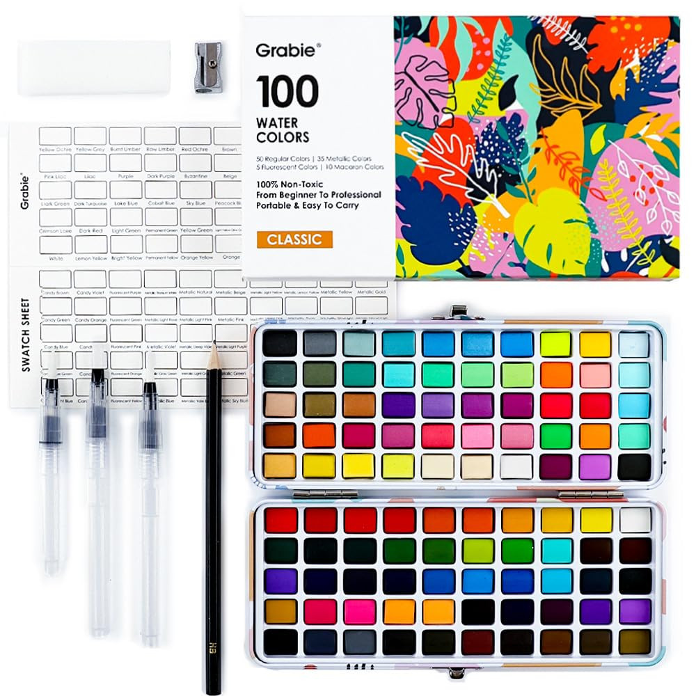 Grabie 100 Colors Watercolor Paint Set - 50 Regular, 35 Metallic, 10 Macaron and 5 Fluorescent Co... | Amazon (US)