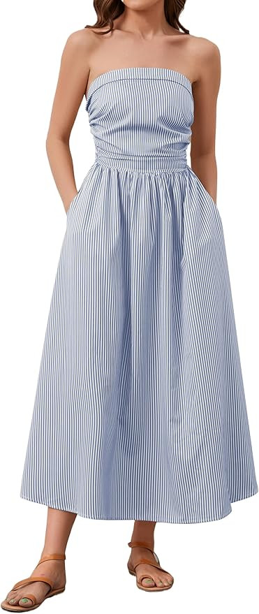 Dsewpaur Women Striped Strapless Maxi Dress Summer Casual Sleeveless Flowy Tube Long Dress with P... | Amazon (US)