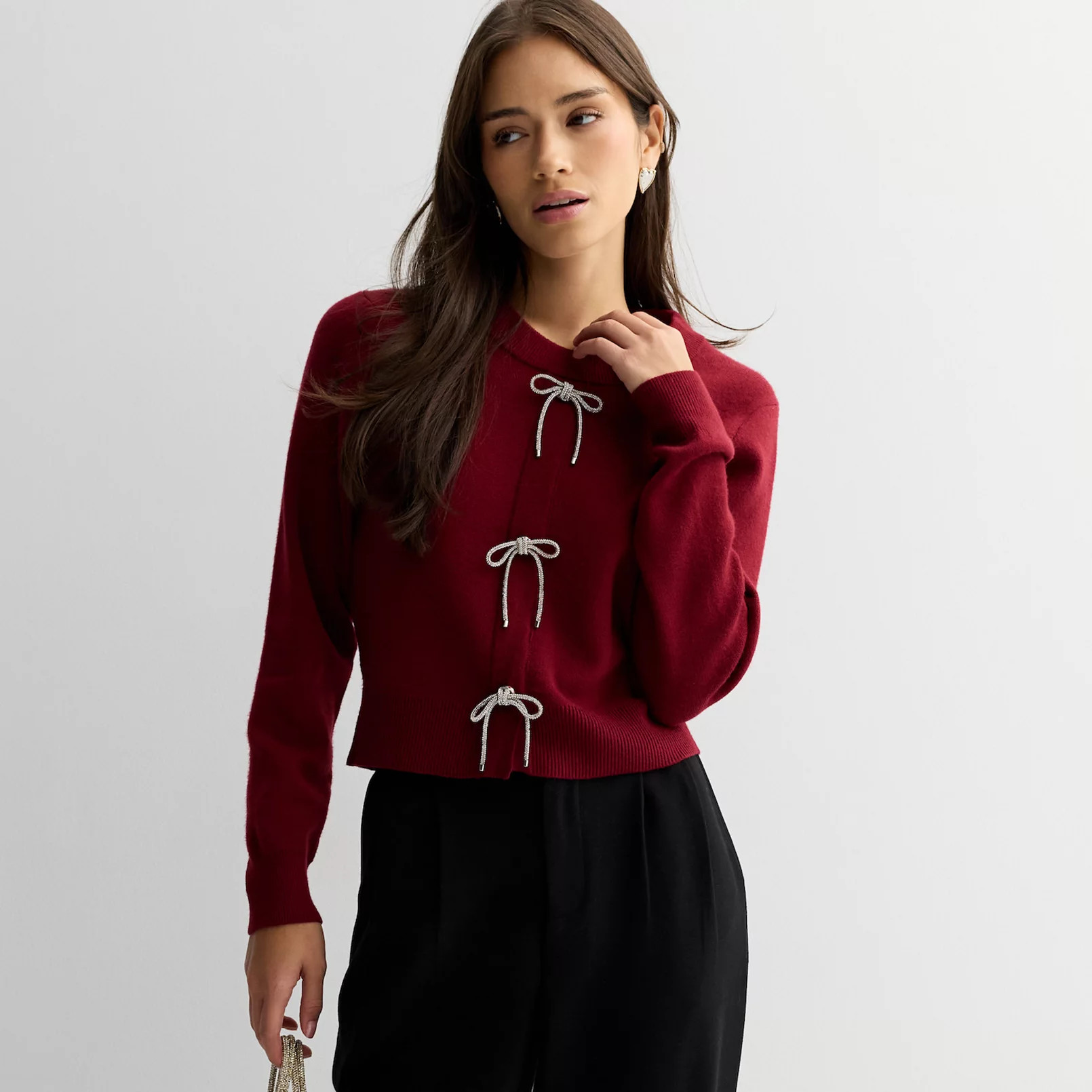 Juniors' madden girl Crewneck Embellished Bow Placket Sweater | Kohl's