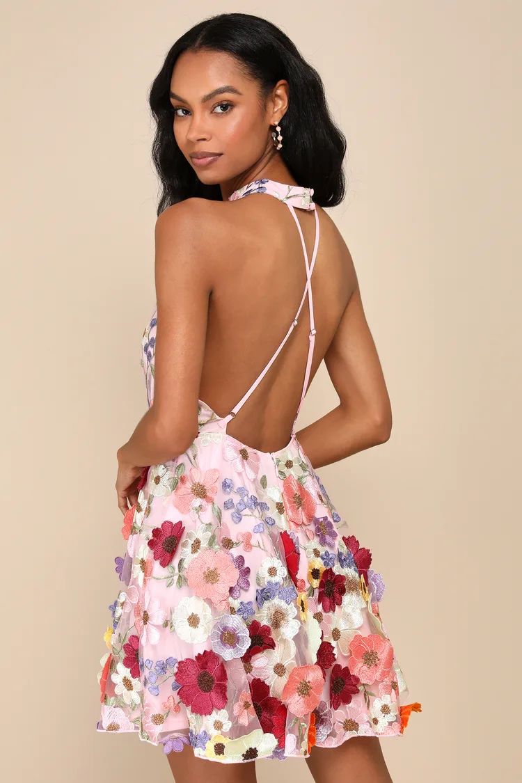 Blooming Bliss Pink 3D Floral Embroidered Halter Mini Dress | Lulus