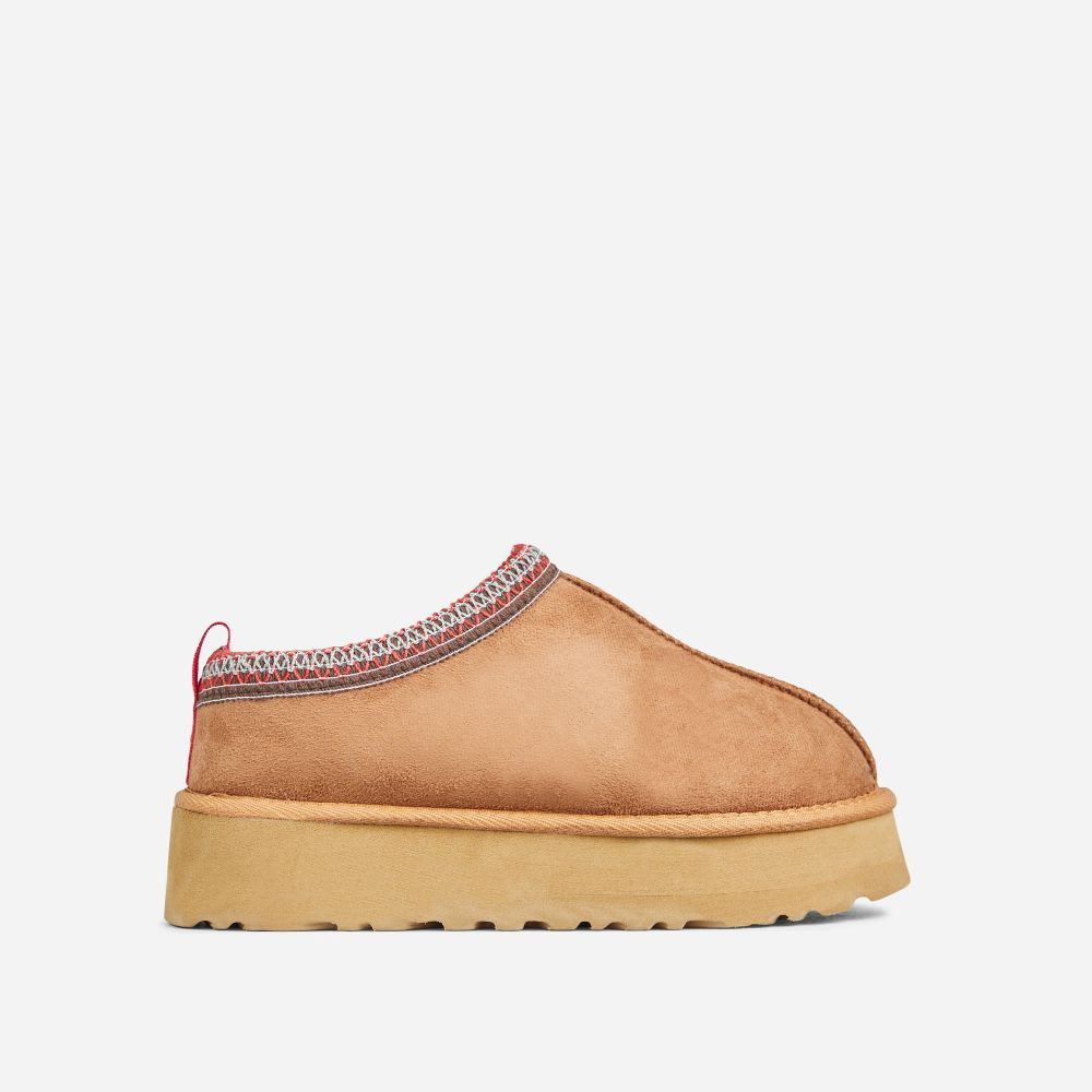 Tazmin Aztec Detail Faux Fur Lining Platform Slipper In Chestnut Faux Suede | EGO Shoes (US & Canada)