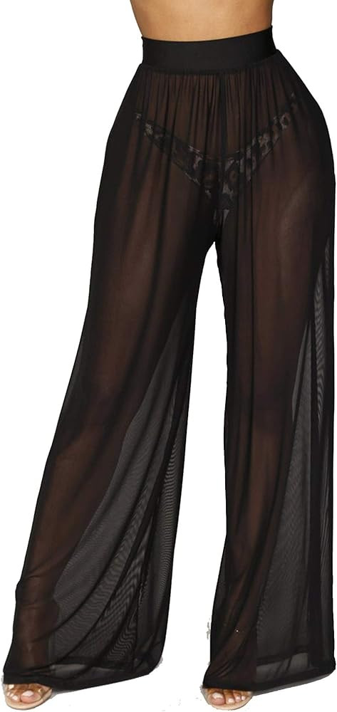 Women Sexy See Through Sheer Mesh Loose Bottoms, Swimsuit Bikini Cover Up, High Waist Wide Leg Pa... | Amazon (US)