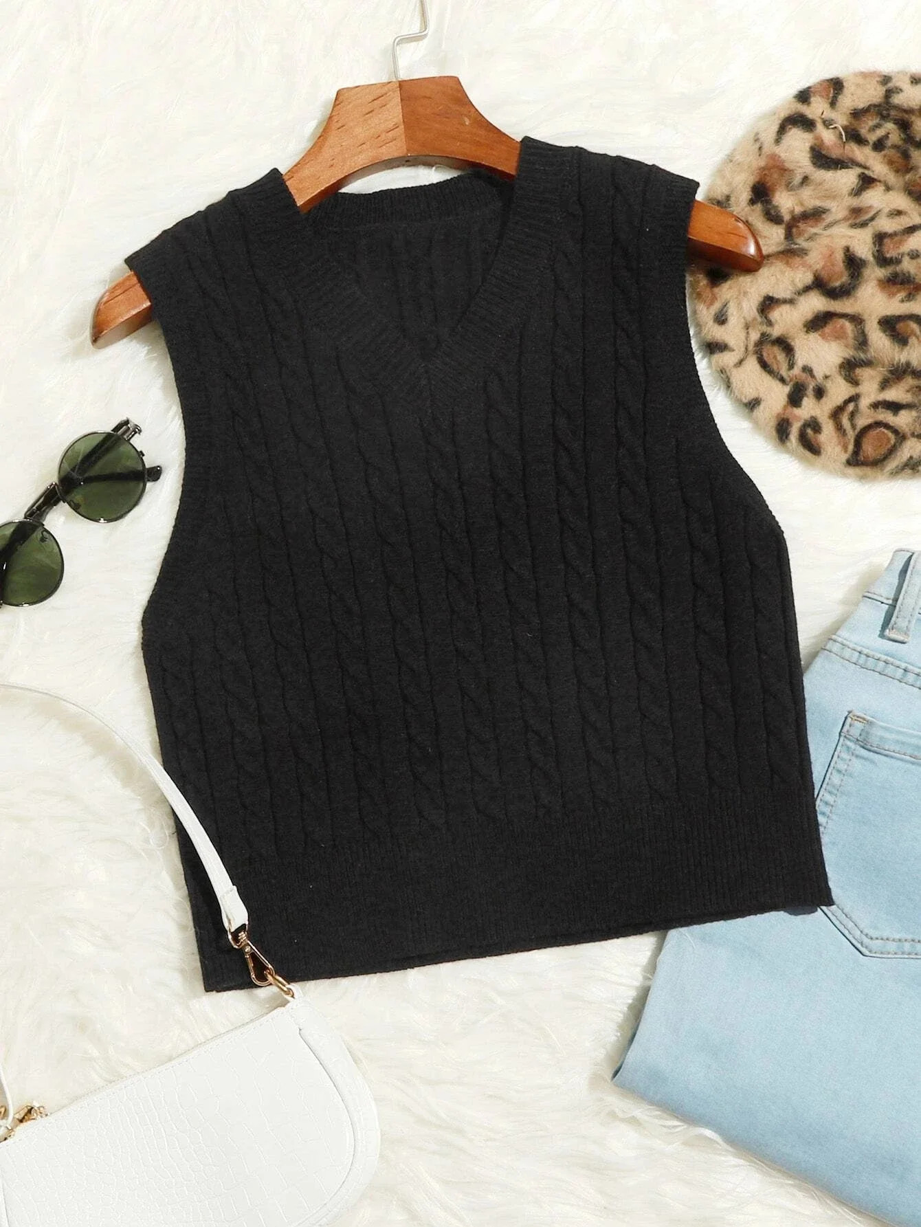 Hotian Women Cable Knit Sweater Vest V Neck Pullover Black S | Walmart (US)