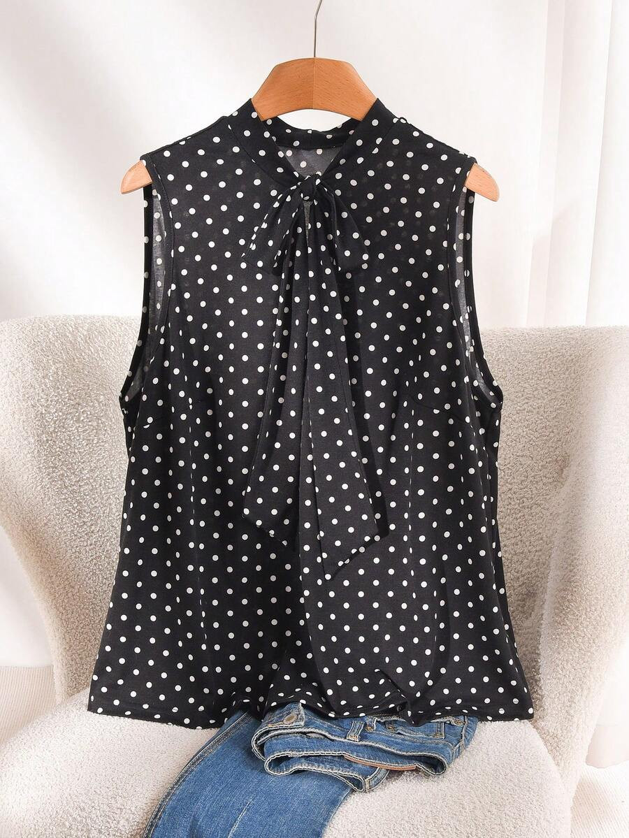 CosyJoli Plus Size Casual Black Polka Dot Tie Neck Knitted Fabric Sleeveless Regular Length Top | SHEIN
