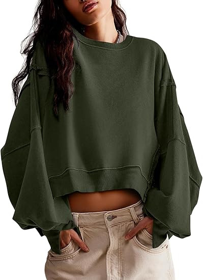 Womens Casual Sweatshirt Cropped Shirts | Loose Fit, Tee Top, Pullover, Crop Hem, Design Trim, Da... | Amazon (US)