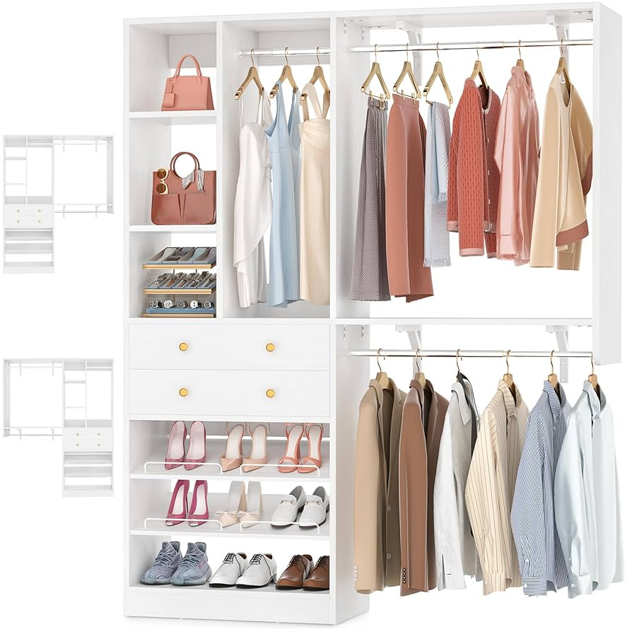 5FT Small Closet System with Drawers, 60" Closet Organizer System with Reversible Hanging Shelvin... | Amazon (US)