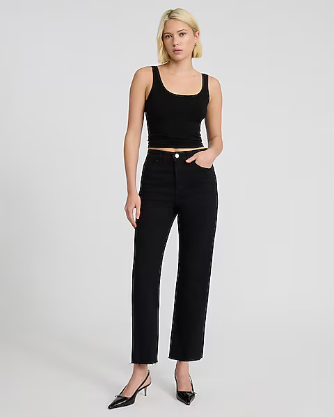 High Waisted Stay Black Raw Hem Straight Ankle Jeans | Express