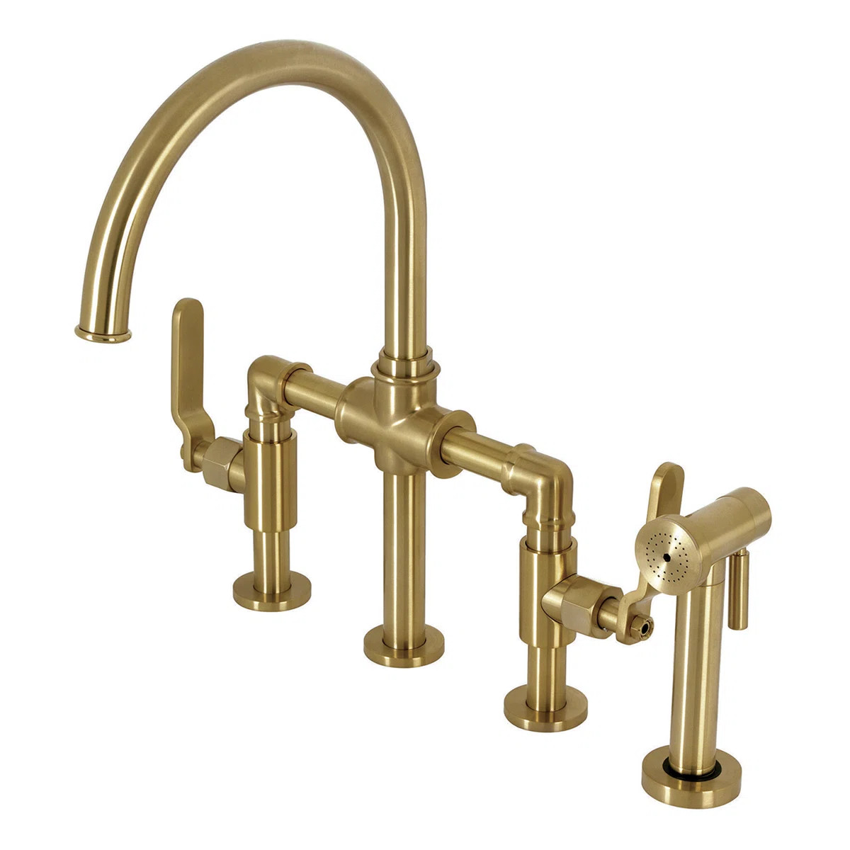 Kingston Brass Two-Handle 4-Hole Deck Mount Industrial Style Bridge Kitchen Faucet with Brass Sid... | Wayfair North America